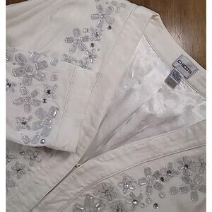 Chico’s Women’s White Denim Jacket Sz 2 L Rhinestone Satin Lined Tunic GUC